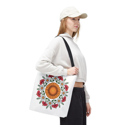 Mandala Sunflowers & Daisies Tote Bag on a model, showcasing a vibrant mandala floral design with sunflowers, daisies, and poppies, ideal for summer outings and embodying FireBrook Designs' uplifting and stylish aesthetic.