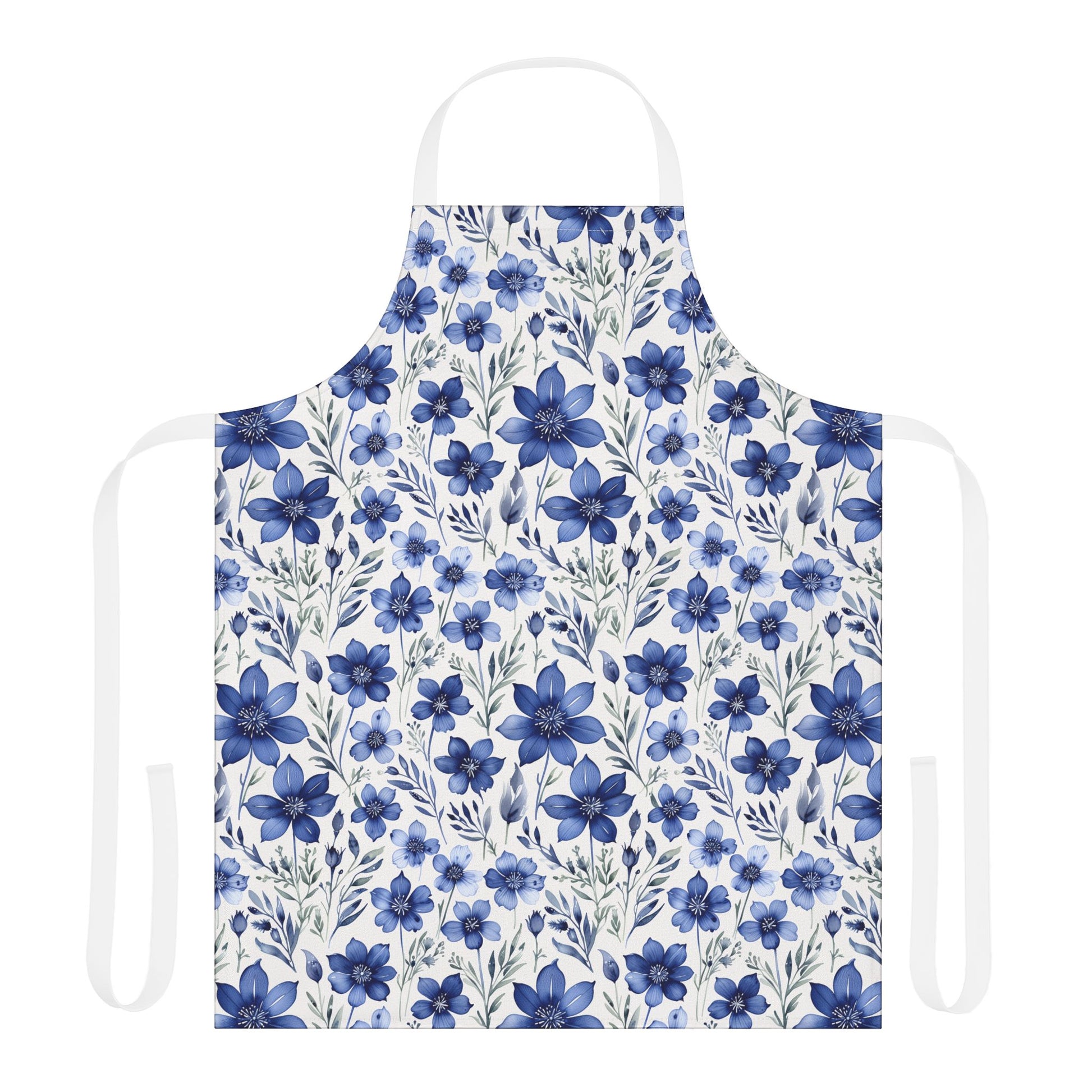 Apron titled Blue Wildflower Pattern, showcasing hand-painted indigo wildflowers with a watercolor texture. Perfect for home chefs, artists, and gardeners, reflecting FireBrook Designs' joyful and stylish ethos.