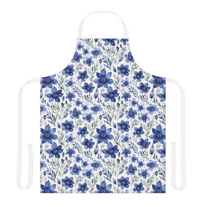 Apron titled Blue Wildflower Pattern, showcasing hand-painted indigo wildflowers with a watercolor texture. Perfect for home chefs, artists, and gardeners, reflecting FireBrook Designs' joyful and stylish ethos.