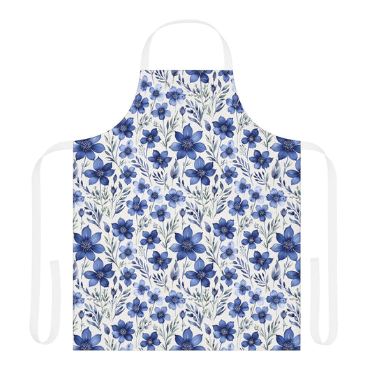 Apron titled Blue Wildflower Pattern, showcasing hand-painted indigo wildflowers with a watercolor texture. Perfect for home chefs, artists, and gardeners, reflecting FireBrook Designs' joyful and stylish ethos.