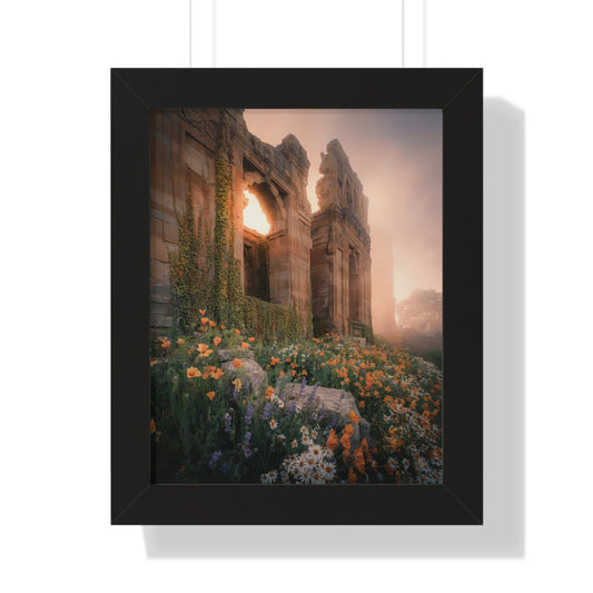 Vertical Poster - Ancient Palace Ruins with Wildflowers and Sunrise Photography Art Print: A framed art piece depicting palace ruins adorned with wildflowers, ideal for adding historical charm and tranquility to any space.