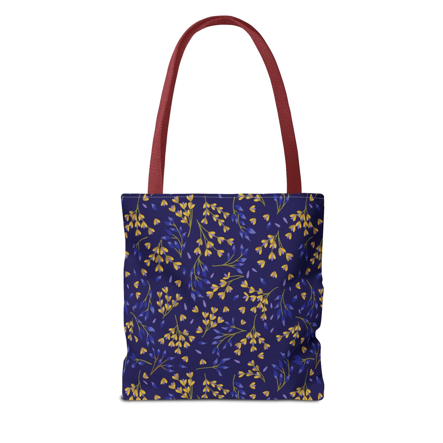 Floral Tote Bag featuring a vibrant botanical pattern of yellow and blue sprigs on navy blue, with burgundy handles. Ideal for summer outings, offering durability and style for joyful adventures.