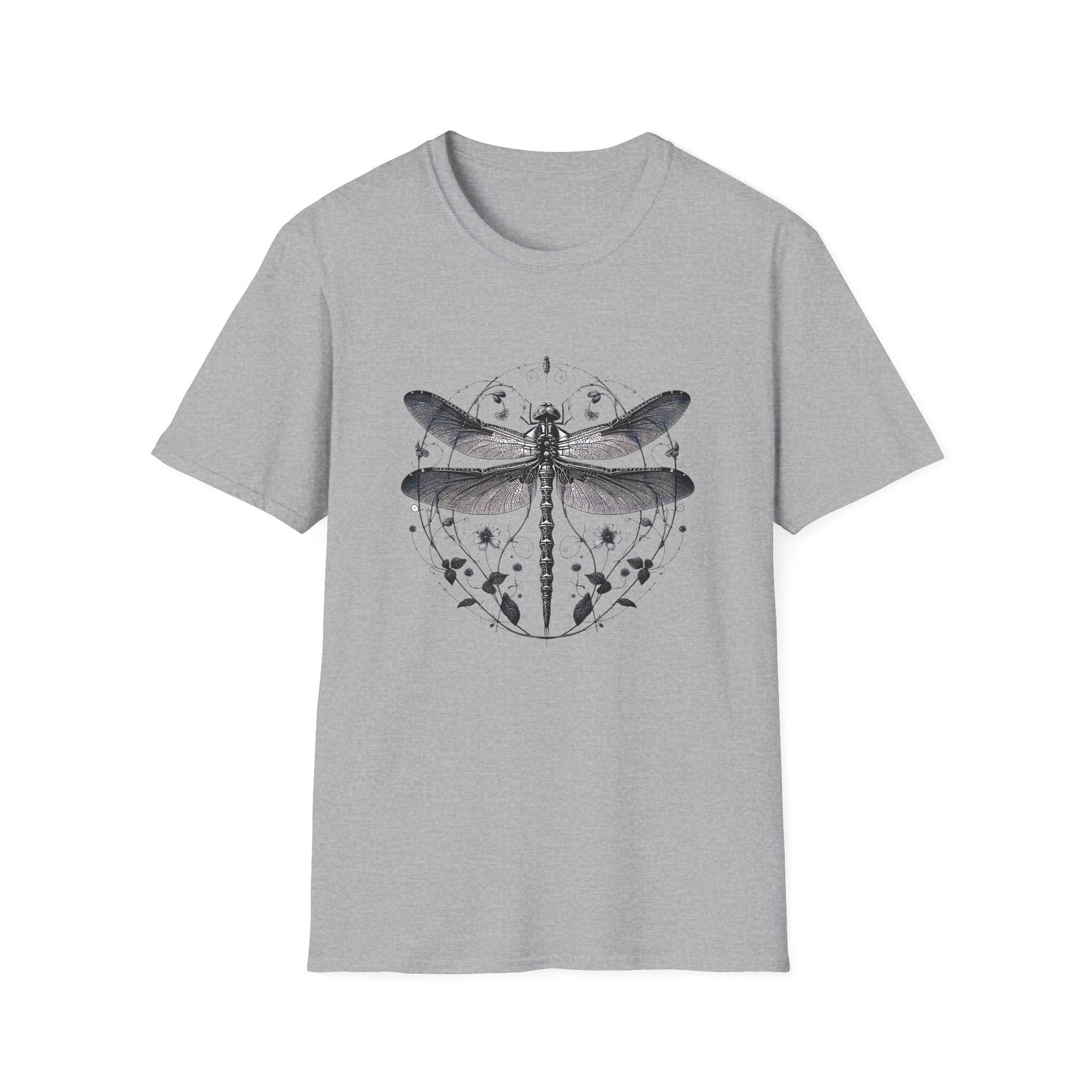 Dragonfly Gildan Unisex T-Shirt featuring a unique dragonfly design, embodying comfort and nature's playfulness, crafted from ethically sourced cotton, perfect for casual outings or lounging, as offered by FireBrook Essentials.
