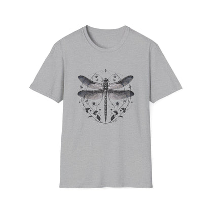 Dragonfly Gildan Unisex T-Shirt featuring a unique dragonfly design, embodying comfort and nature's playfulness, crafted from ethically sourced cotton, perfect for casual outings or lounging, as offered by FireBrook Essentials.