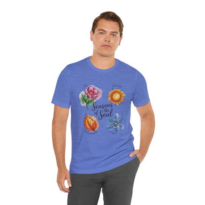 Seasons of the Soul: Joy, Energy, Wisdom & Peace T-Shirt displayed on a hanger, showcasing its unisex short-sleeve design, ideal for meditation and spiritual occasions, embodying a balance of joy and tranquility.