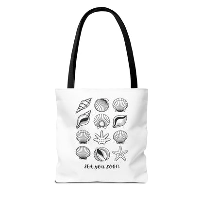 Sea Shells Tote Bag featuring a robust polyester design with reinforced stitching, perfect for beach outings. A stylish, durable choice from FireBrook Essentials, epitomizing comfort and joy with its nautical theme.