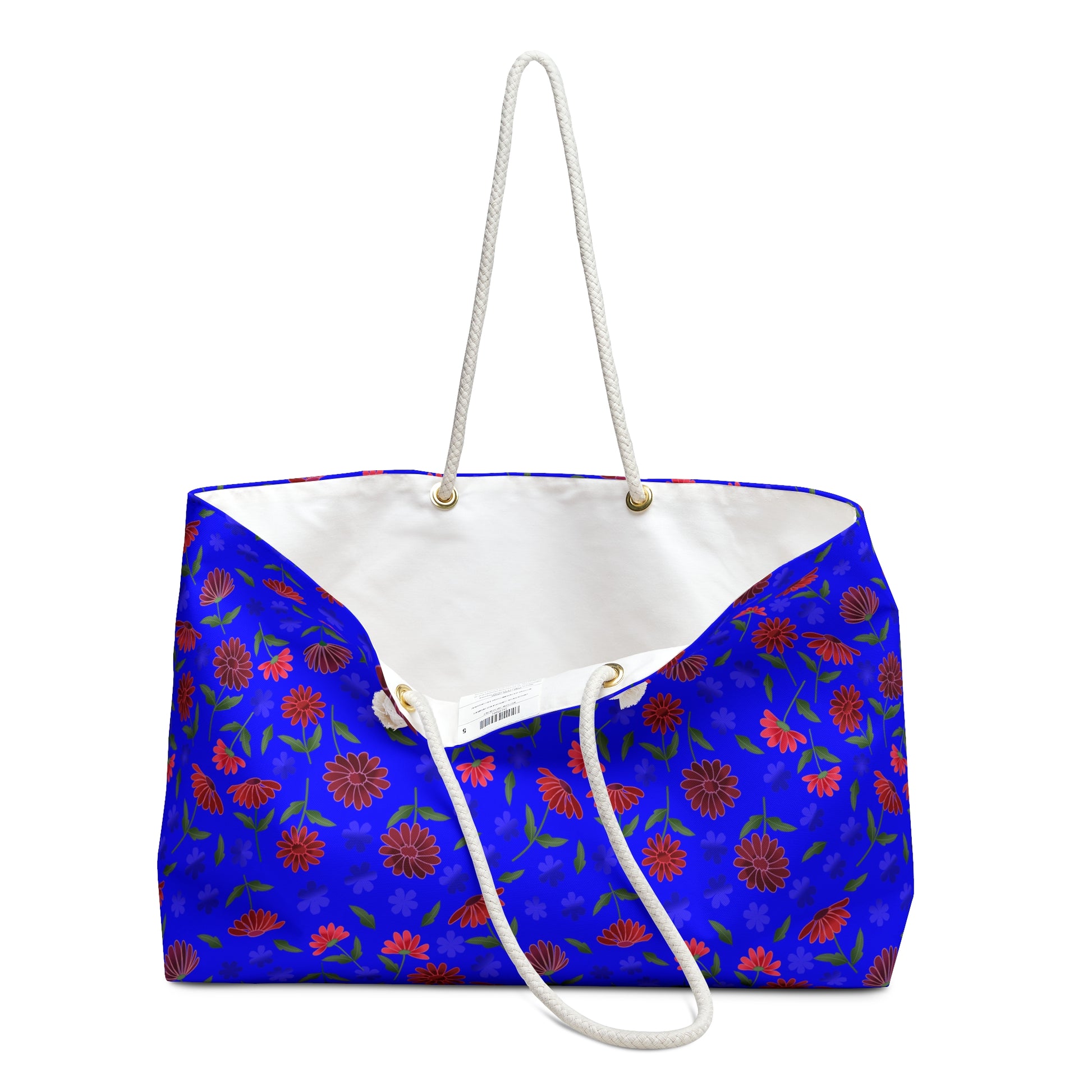 Floral Blue Weekender Bag — Bright Boho Travel Tote with rope handles and vibrant floral pattern, showcasing a spacious design perfect for joyful, stylish travels.
