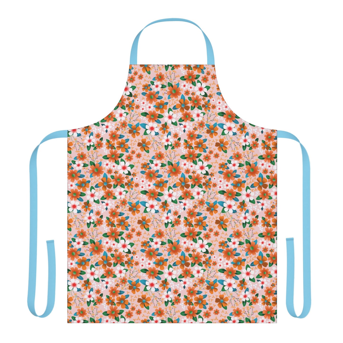 Floral Apron with vibrant orange and white blossoms, featuring sky-blue ties and a soft, stain-free polyester canvas, ideal for joyful cooking and crafting, embodying FireBrook Designs' commitment to style and comfort.