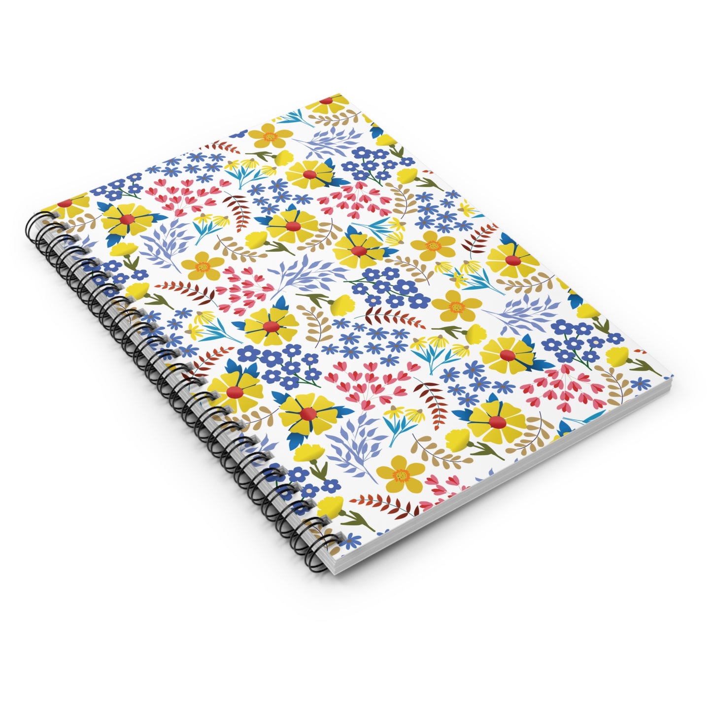 Floral Spiral Notebook with vibrant yellow, red, and blue blossoms on a white cover, featuring sleek metal spiral binding, perfect for jotting notes or sketching, embodying FireBrook Designs' joyful, uplifting style.