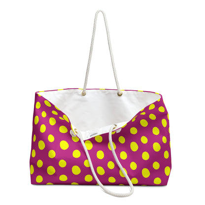 Yellow Polka Dot Red Weekender Bag with playful polka dots, featuring durable rope handles and a spacious interior, perfect for stylish weekend getaways and travel adventures.