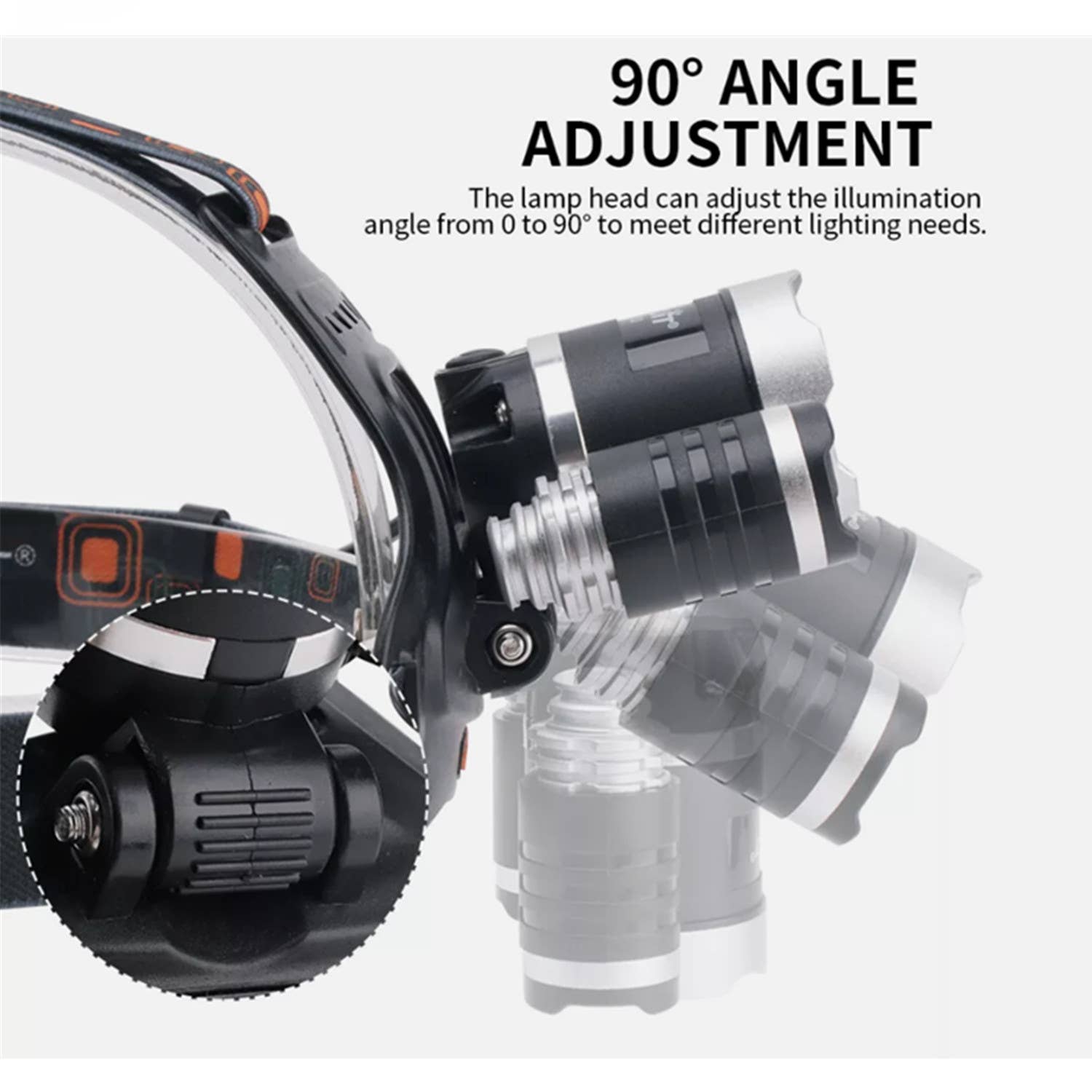 LED Head Torch Headlamp Light Band Rechargeable Headlight with adjustable 90° tilt, elastic headband, showcasing its pivot mechanism. Ideal for hands-free use in various outdoor activities, reflecting FireBrook Essentials' practical design ethos.
