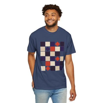 Square Grid Abstract in Monochrome Palette T-Shirt featuring aligned and rotated squares, offering a stylish, contemporary design. Ideal for casual or semi-formal settings, perfect for art lovers and fashion-forward individuals.