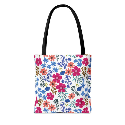 Floral Tote Bag featuring vibrant pink, coral-red, and blue blossoms with green and brown leaves. Designed for joyful summer outings, this durable tote embodies FireBrook Essentials' blend of style and positivity.