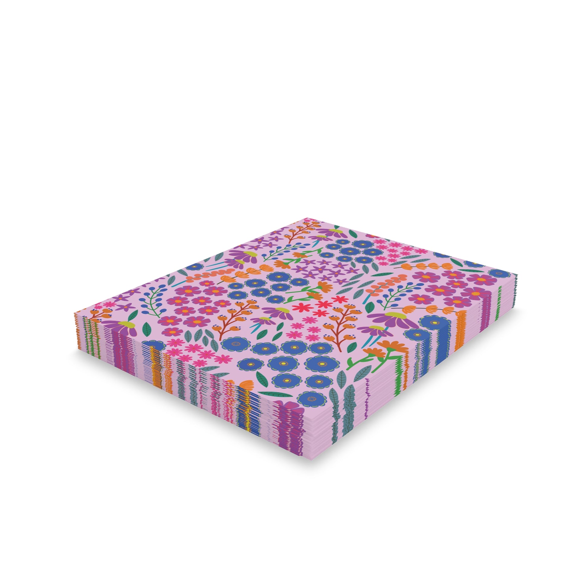 Floral Greeting Cards — Pack of 8/16/24, featuring a continuous floral print on each card, showcasing vibrant blossoms over a pastel-purple background. Each card is neatly stacked, paired with a matching white envelope.