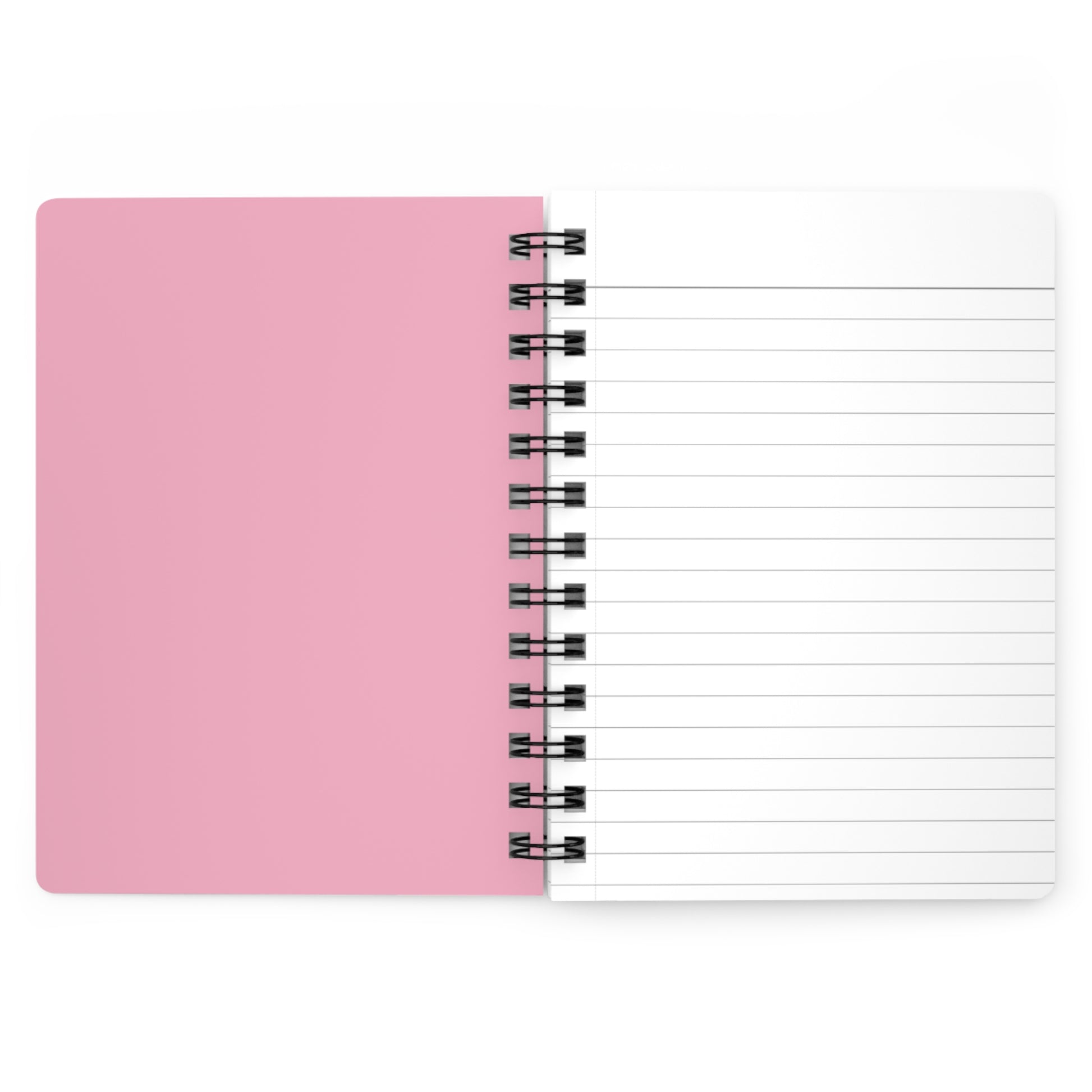 SPIRAL JOURNAL, DURABLE GLOSSY COVER, RULED, 5X7, PASTEL FIELD: Open, spiral-bound notebook with pink inside cover and lined white page, flat-laying, with durable glossy finish for smooth writing.