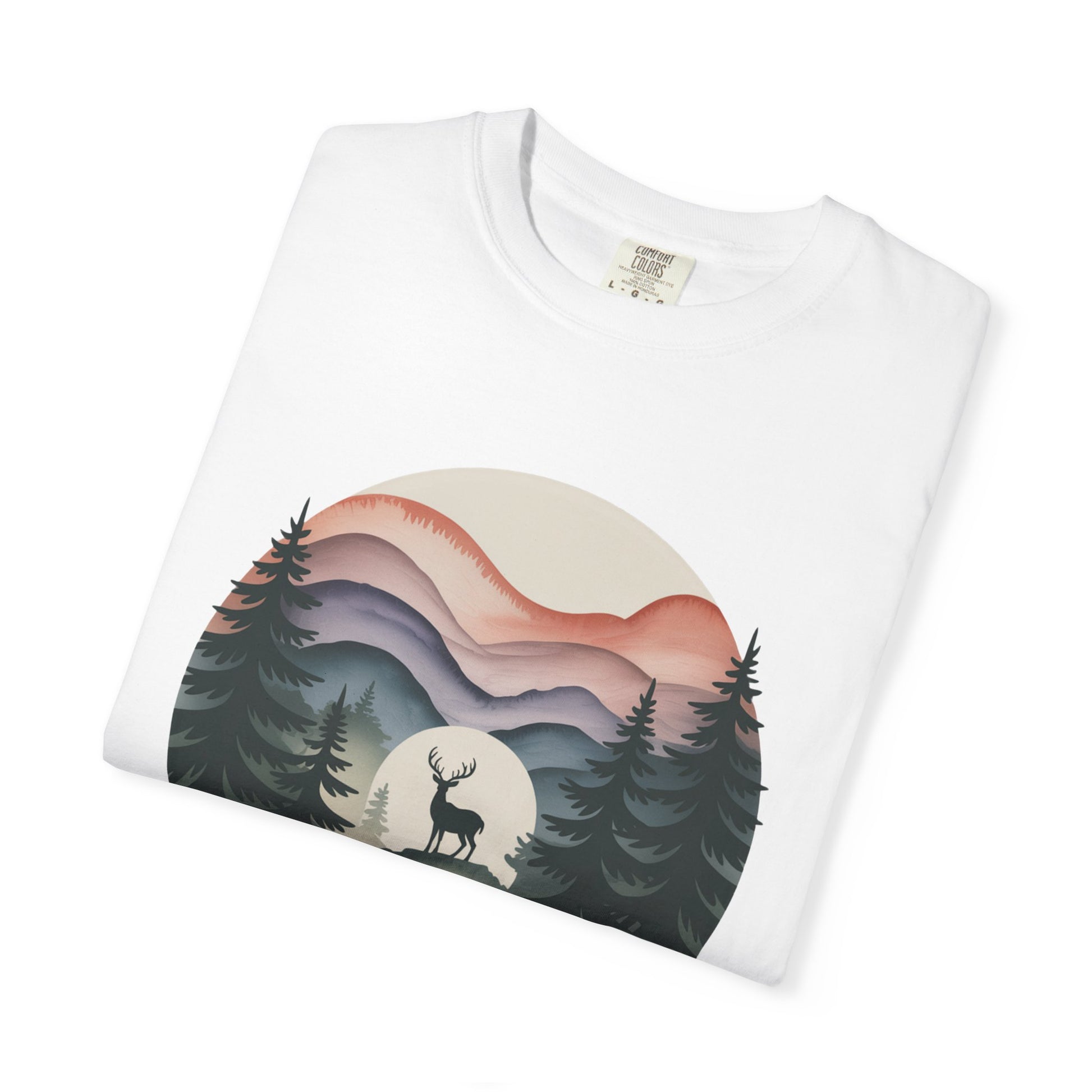 Nature Wanderer T-Shirt features a serene sage-green design with layered mountain silhouettes, a celestial moon, and a minimalist stag symbol, embodying wilderness and tranquility for nature lovers and outdoor enthusiasts.