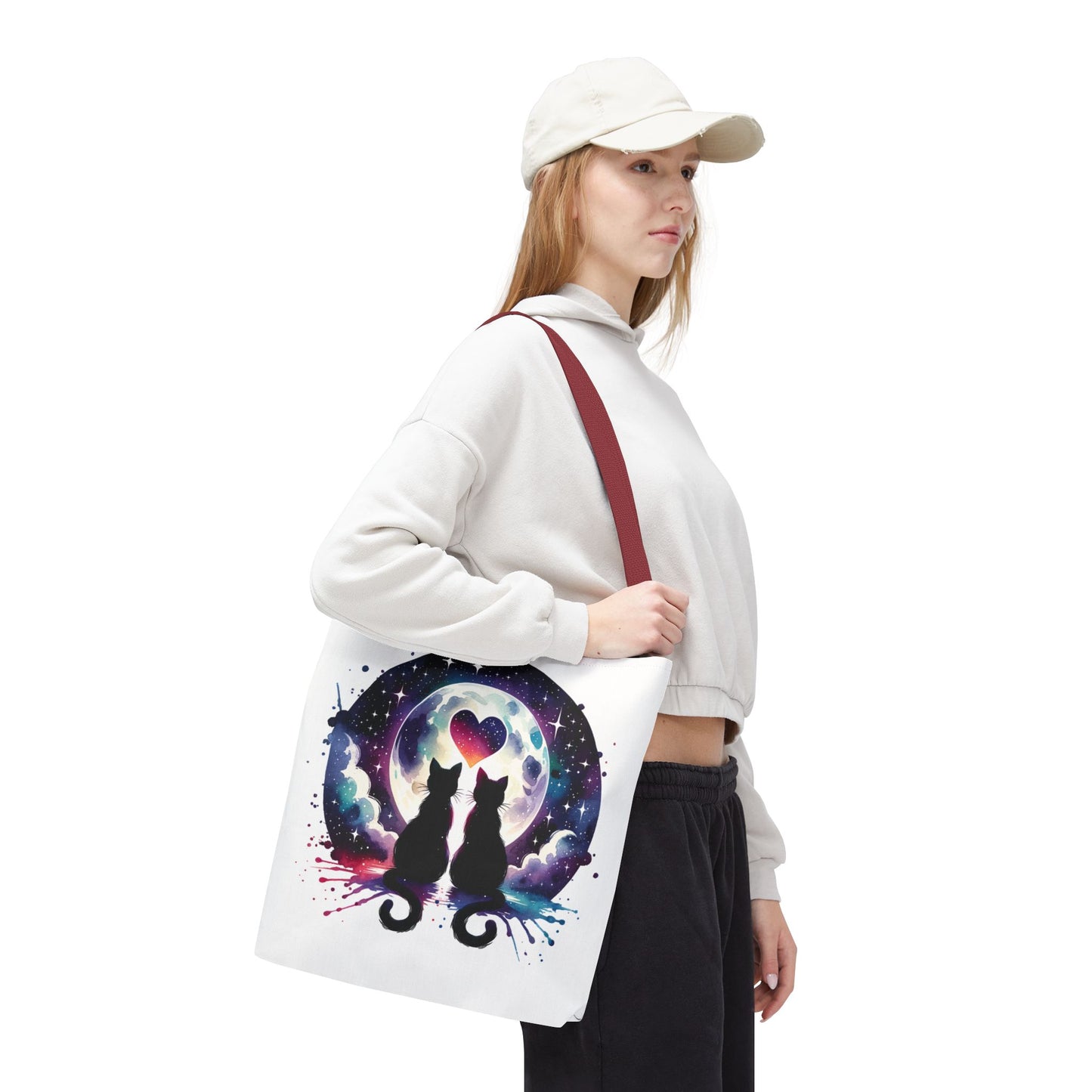 Copy of Cat Lovers Under the Moon Tote Bag, ideal for cat enthusiasts, features durable 100% polyester with boxed corners and reinforced handles, perfect for carrying essentials with a playful, feline-inspired design.