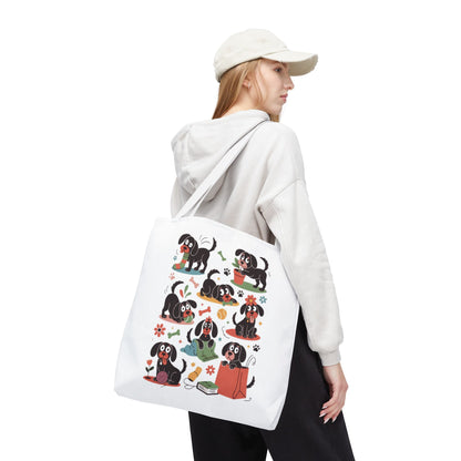 Dog Tote Bag - Playful Cartoon Illustration Design features hand-drawn dogs with everyday objects, reflecting a whimsical vibe. Made of durable polyester, it's ideal for dog lovers seeking a fun, reusable shopping accessory.