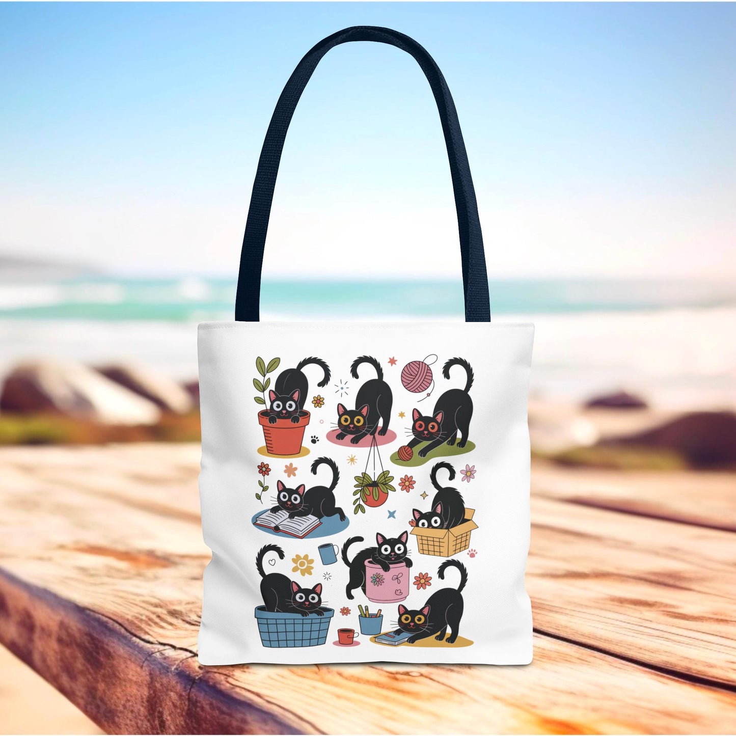 Cat Tote Bag - Curious Cat Design with playful, whimsical artwork. Ideal for cat lovers seeking a fun, durable accessory for everyday use, reflecting FireBrook Essentials' commitment to stylish, uplifting products.