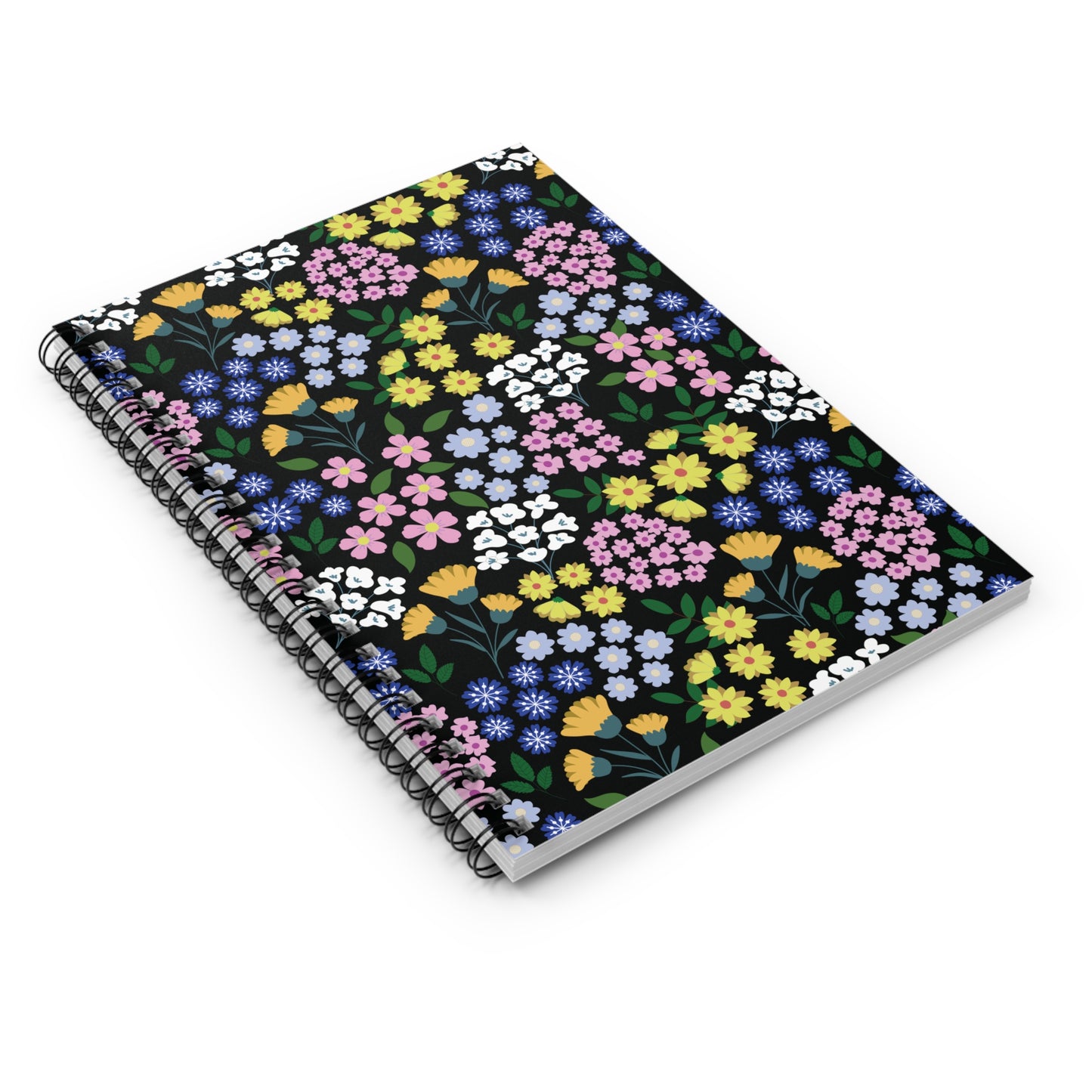 Floral Spiral Notebook with a black cover featuring vibrant clusters of yellow, pink, white, lilac, and blue flowers. The sleek metal spiral offers easy page-turning, perfect for creative expression.