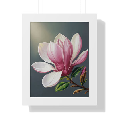 Vertical Poster - Magnolia Floral Design: A close-up of a magnolia blossom elegantly framed, showcasing intricate petals. Ideal for nature-inspired decor. Includes museum-grade paper and protective acrylic cover, enhancing any sophisticated living space.