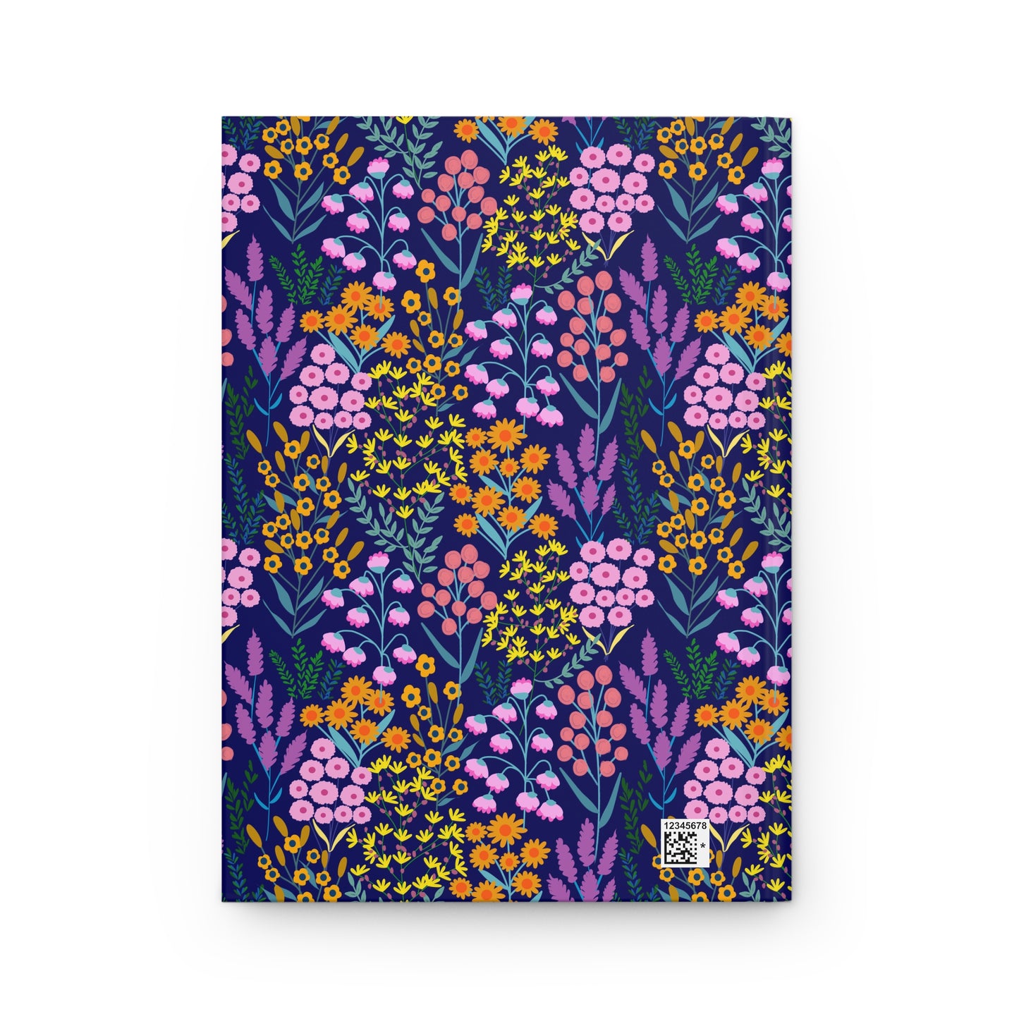 HARDCOVER JOURNAL, MATTE, RULED, 5X7, SEWN BIND, CLEAN-TEAR PAGES - FLORAL MEADOWS, BLUE BACKGROUND featuring vibrant floral patterns with pink, coral, and orange flowers on navy-blue. Subtle white barcode in corner.