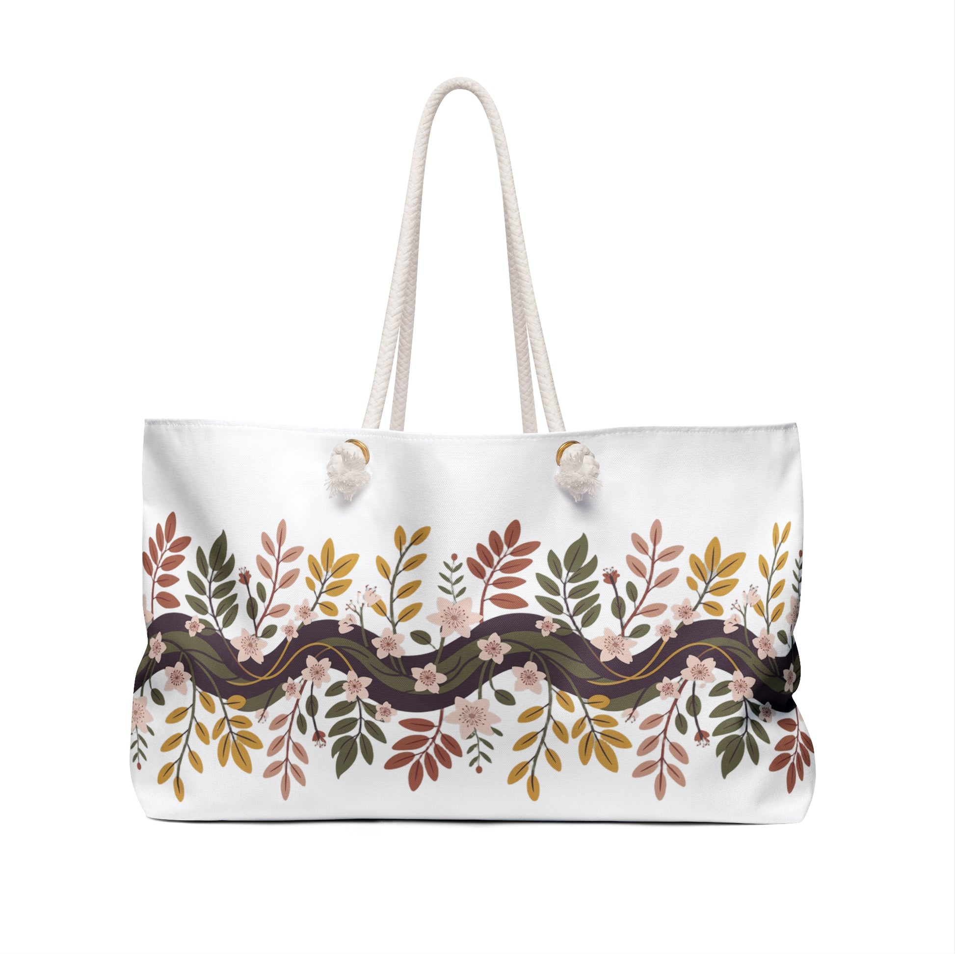 Botanical Weekender Bag with a whimsical design of flowers and leaves, featuring durable rope handles and a generous size for essentials, perfect for joyful, stylish getaways.