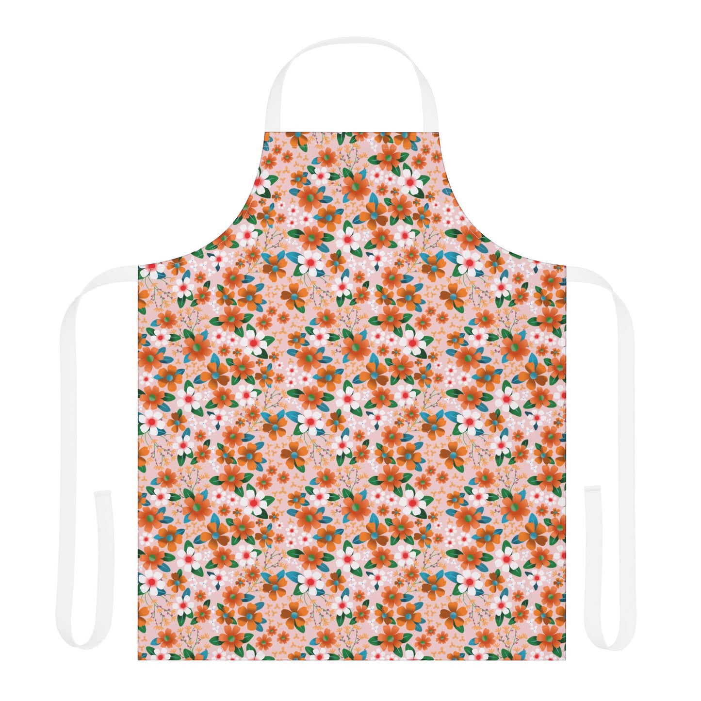 Floral Apron: A full-coverage kitchen apron featuring a soft pink backdrop adorned with orange and white flowers, accented by green leaves. Equipped with white neck and waist ties for a comfortable fit.