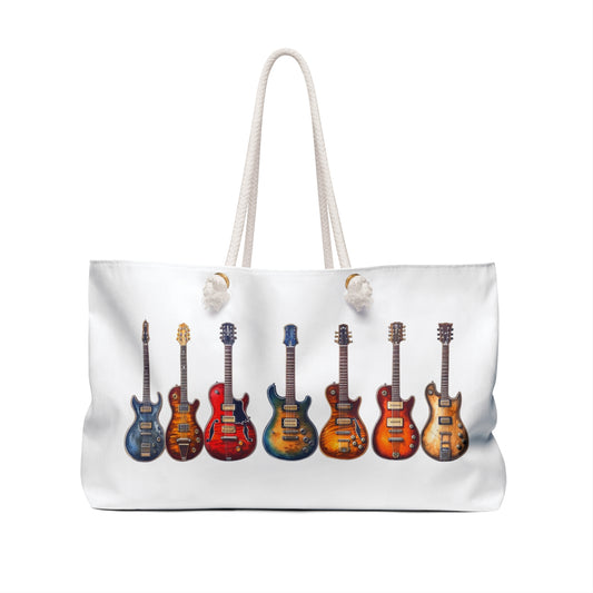 Weekender Bag Electric Guitars Print, featuring electric guitars design, perfect for music lovers. The bag has a spacious 24 x 13 size with rope handles, embodying a rock and roll vibe.