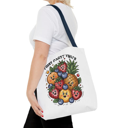 Fruit Party Tote Bag - Fun Summer Vibes features a vibrant fruit-themed design, perfect for summer outings. Its durable polyester build, reinforced handles, and spacious interior make it ideal for daily use.