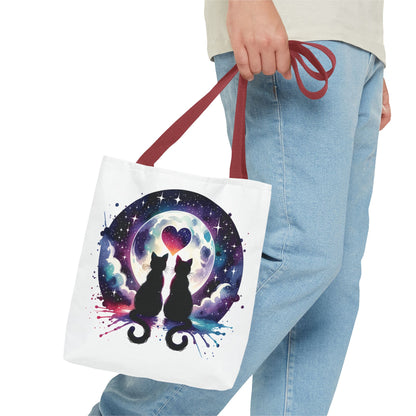 Copy of Cat Lovers Under the Moon Tote Bag showcases a playful design, perfect for carrying essentials. With durable polyester, reinforced handles, and spacious boxed corners, it's ideal for adding feline charm to daily activities.