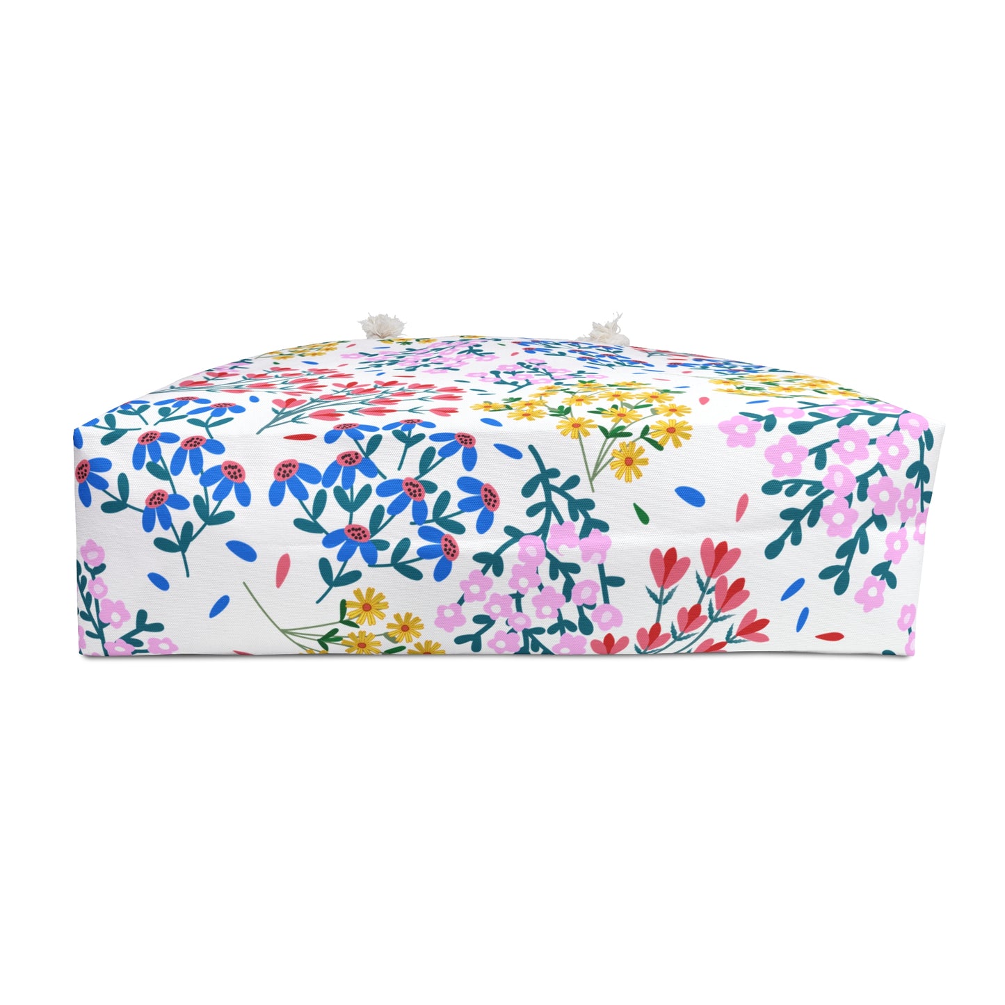 Weekender Bag with a bright floral pattern on white fabric, featuring rope handles for easy carrying, crafted from wrinkle-resistant polyester; ideal for stylish travel, matching FireBrook Essentials’ joyful, uplifting design ethos.