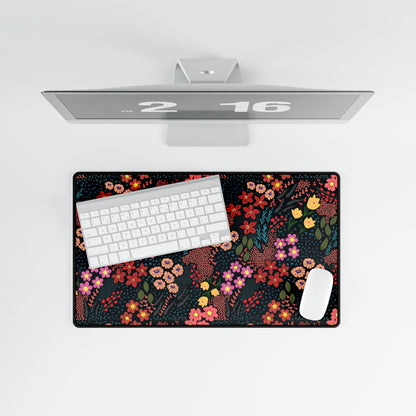 Desk Mat - Midnight Garden Floral Pattern, featuring a dense, colorful floral design, elegantly complements a minimalist setup with a white wireless keyboard and mouse, exuding modernity and vibrancy.