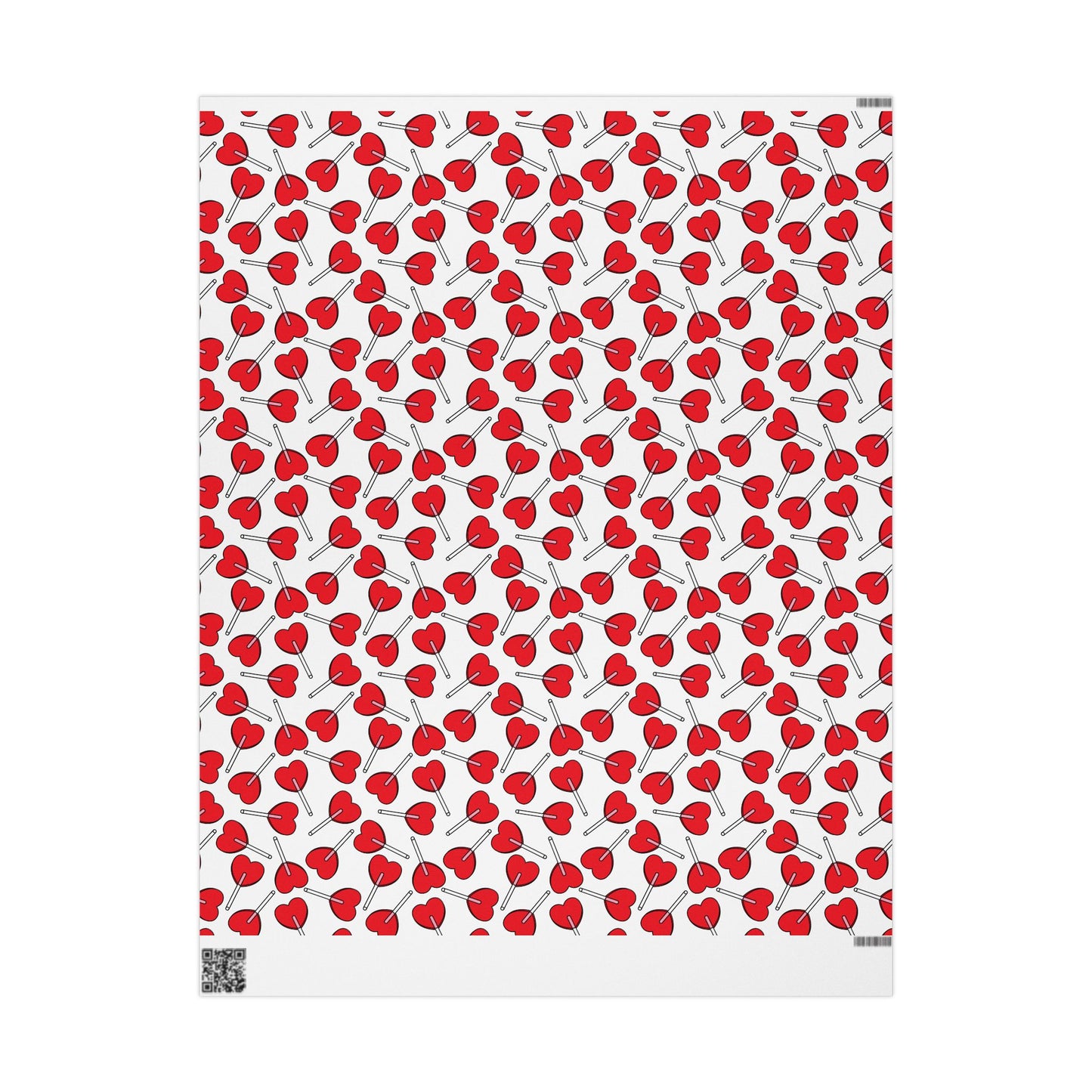 Cherry Pattern Wrapping Paper Roll – Red Heart Cherries Gift Wrap for Valentine’s Day features playful heart-shaped lollipops pattern in vibrant red on a white backdrop, perfect for joyful gift presentations.