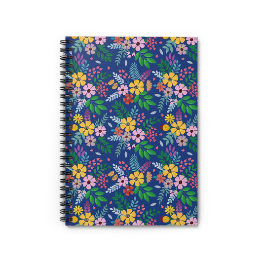 Floral Spiral Notebook with a vibrant floral pattern on a deep blue cover, featuring durable metal spiral binding, ideal for creatives and students from FireBrook Essentials.