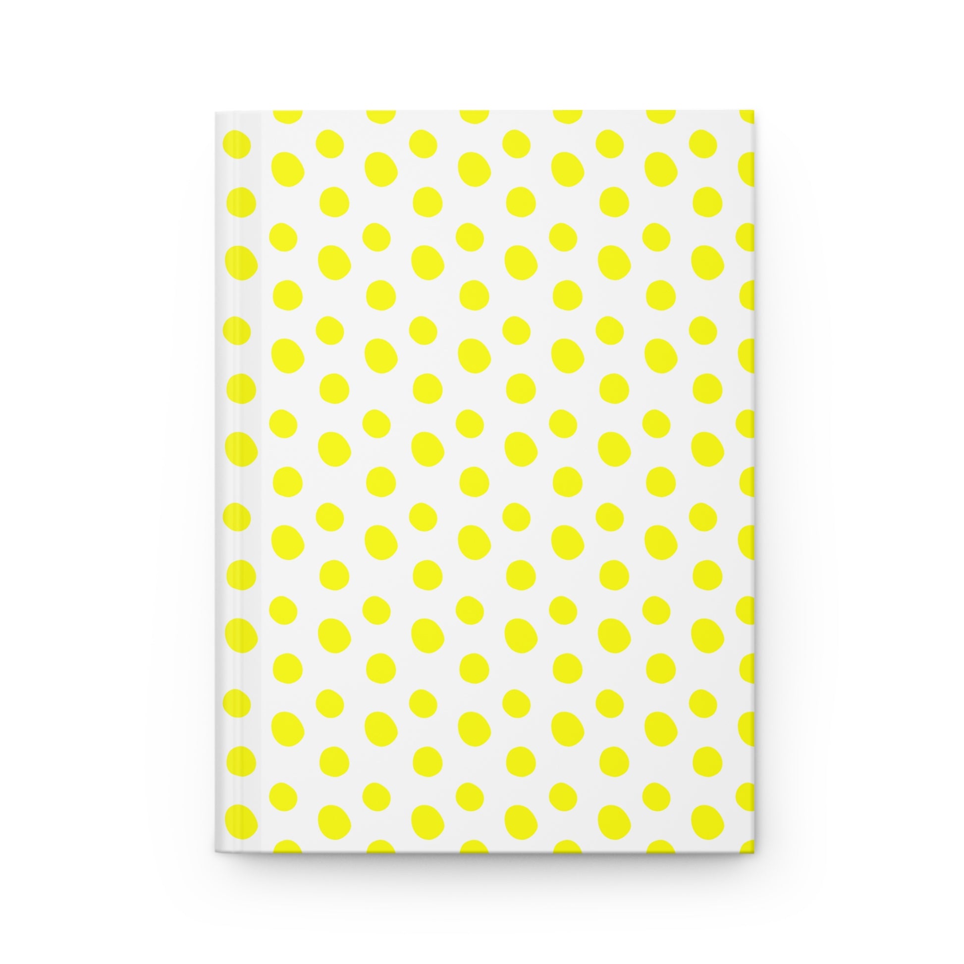 HARDCOVER JOURNAL, MATTE, RULED, 5X7, SEWN BIND, CLEAN-TEAR PAGES – POLKA DOTS, YELLOW; showcases a white cover adorned with bright yellow polka dots, embodying FireBrook Essentials' vibrant, joyful design ethos.