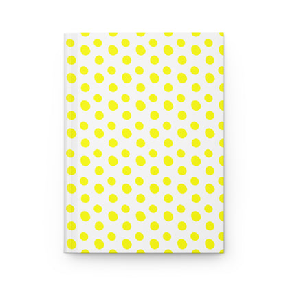 HARDCOVER JOURNAL, MATTE, RULED, 5X7, SEWN BIND, CLEAN-TEAR PAGES – POLKA DOTS, YELLOW; showcases a white cover adorned with bright yellow polka dots, embodying FireBrook Essentials' vibrant, joyful design ethos.