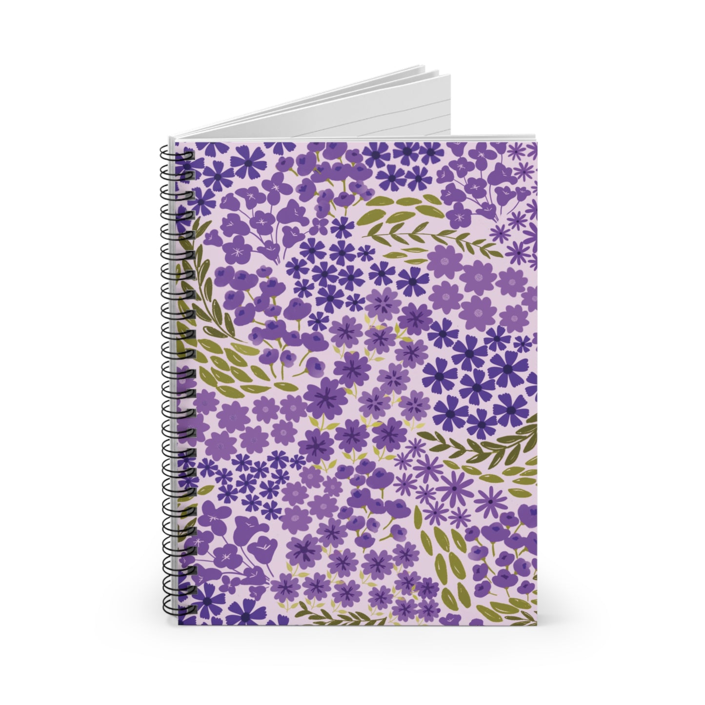 Floral Spiral Notebook featuring vibrant purple flowers and green leaves on a lavender cover, with sleek metal spiral binding for easy page turning, perfect for jotting down notes or creative ideas.