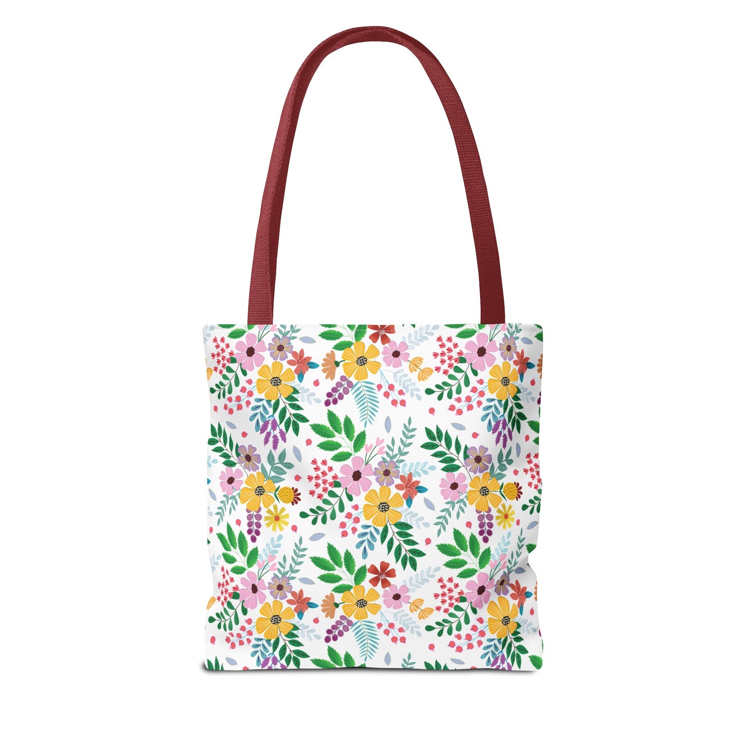 Floral Tote Bag with burgundy-red handles and a multicolored floral design. Ideal for vibrant summer outings, offering durability and style. Available in various sizes for versatile use.