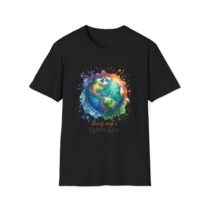Every Day is Earth Day Gildan Unisex T-Shirt featuring a vibrant planet design, highlighting sustainability. This comfortable, classic-fit shirt is perfect for expressing environmental awareness and positivity.