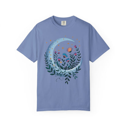 Crescent Moon with Flowers T-Shirt showcasing a bohemian design, features delicate floral patterns surrounding a crescent moon, embodying a relaxed, ethereal style. Perfect for casual wear or gatherings.
