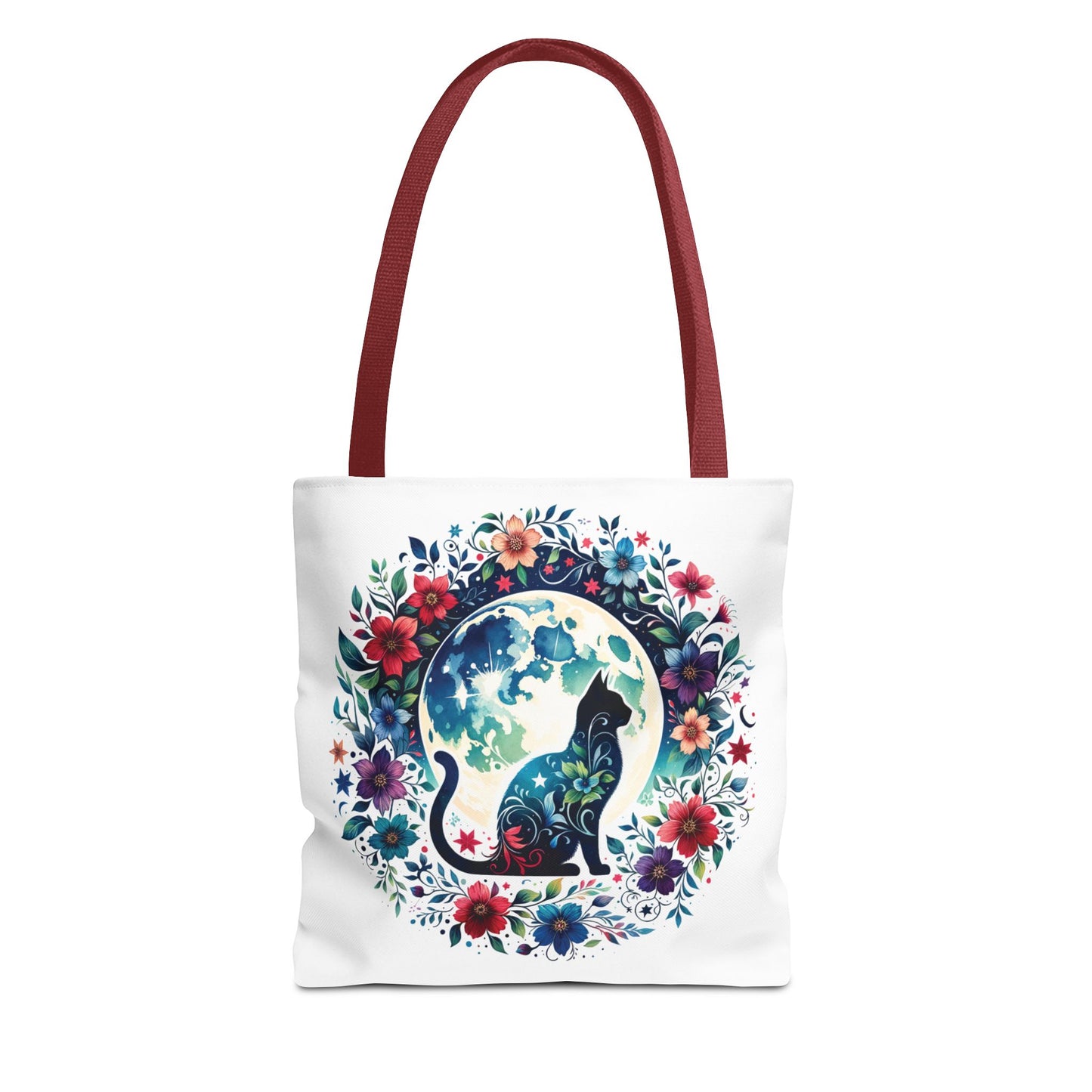 Lone Cat Under the Moon Tote Bag features a whimsical cat design, perfect for errands or beach outings. Crafted from durable polyester with reinforced handles, this bag embodies FireBrook Essentials' uplifting, joyful style.