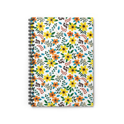 Floral Spiral Notebook featuring a vibrant floral pattern with yellow and orange flowers, green leaves, and a sleek black twin-loop binding, perfect for creative expression and organization. Ideal for students and professionals.