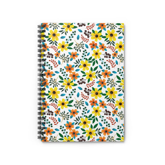 Floral Spiral Notebook featuring a vibrant floral pattern with yellow and orange flowers, green leaves, and a sleek black twin-loop binding, perfect for creative expression and organization. Ideal for students and professionals.