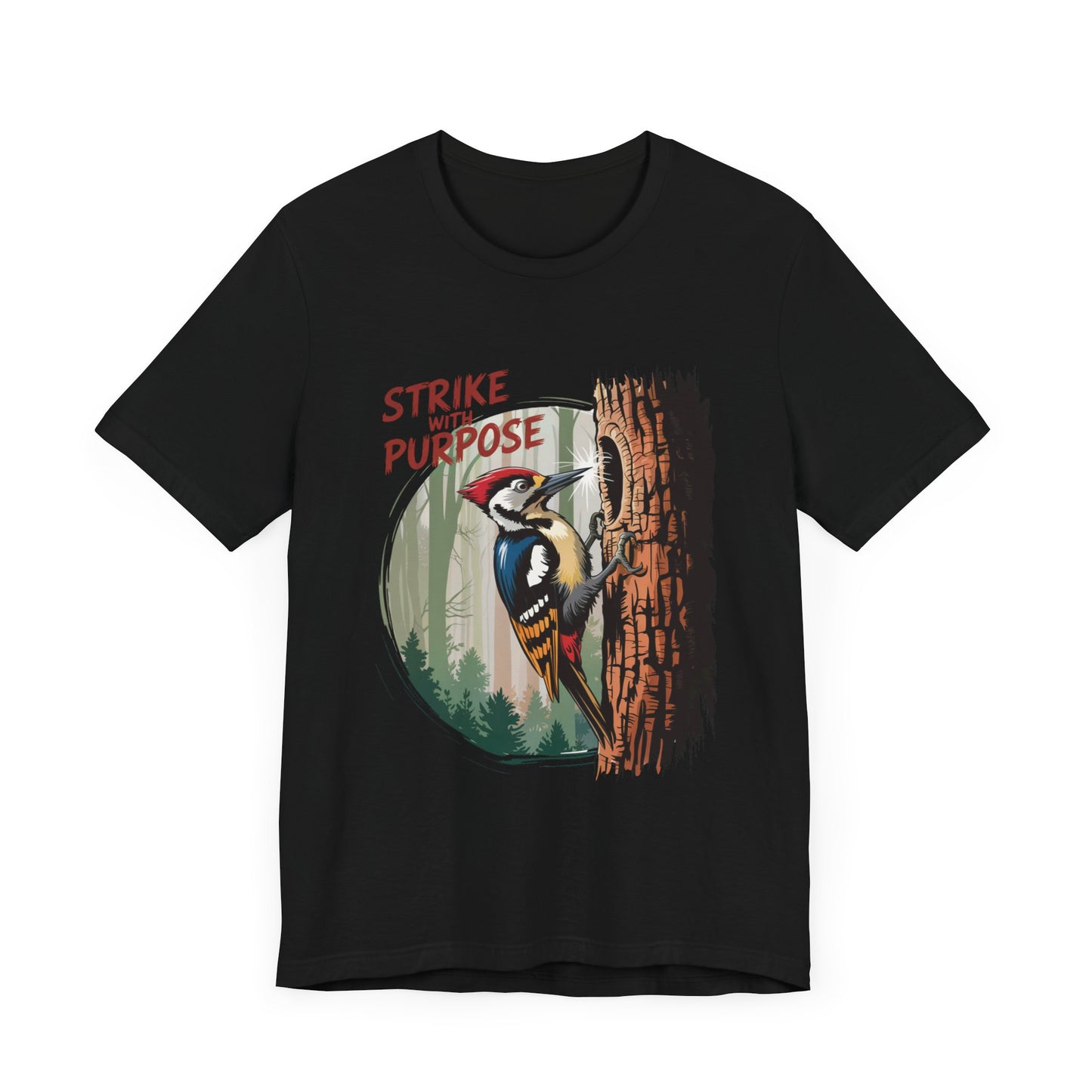 Woodpecker: Strike with a Purpose Bella+Canvas Unisex T-Shirt featuring a cartoon woodpecker peering through a tree hole, embodying motivation and nature-inspired style. Perfect for casual and outdoor wear.