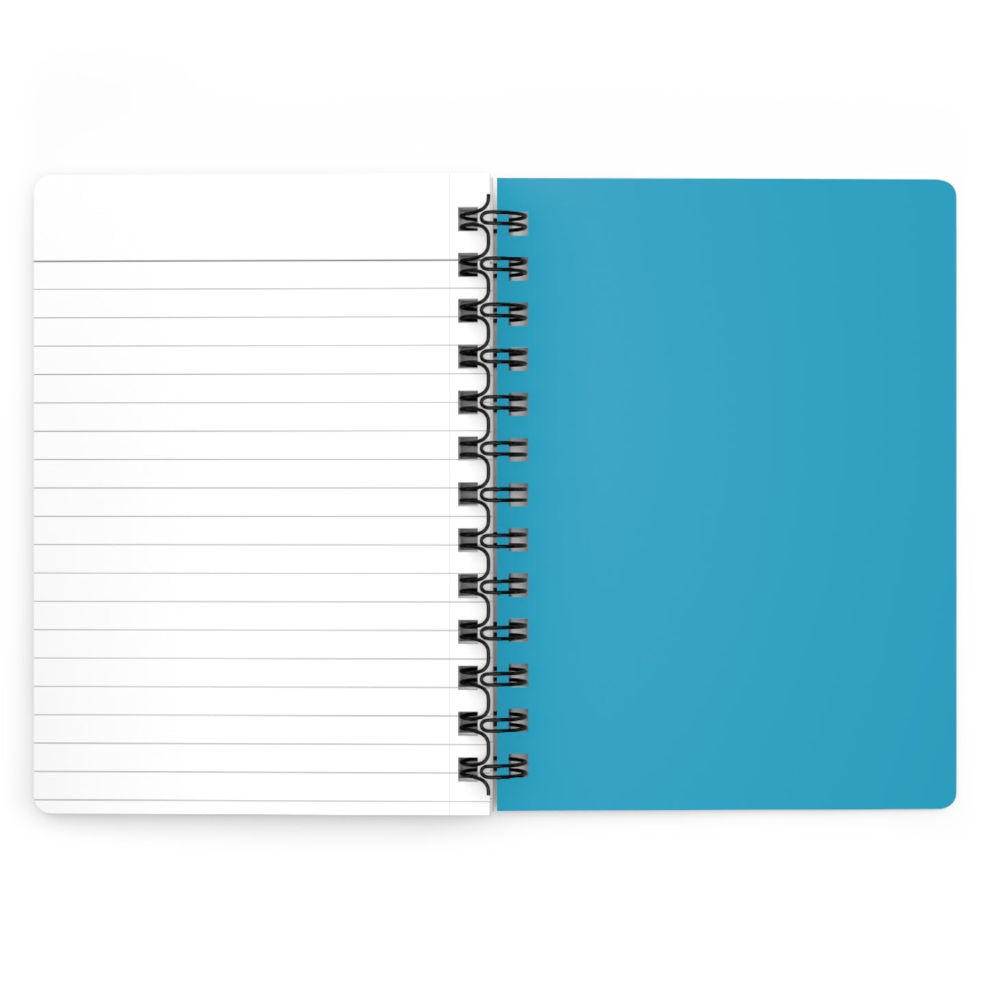 SPIRAL JOURNAL, DURABLE GLOSSY COVER, RULED, 5X7 features a blank college-ruled page alongside a solid blue cover, with a removable spiral binding for easy page management.