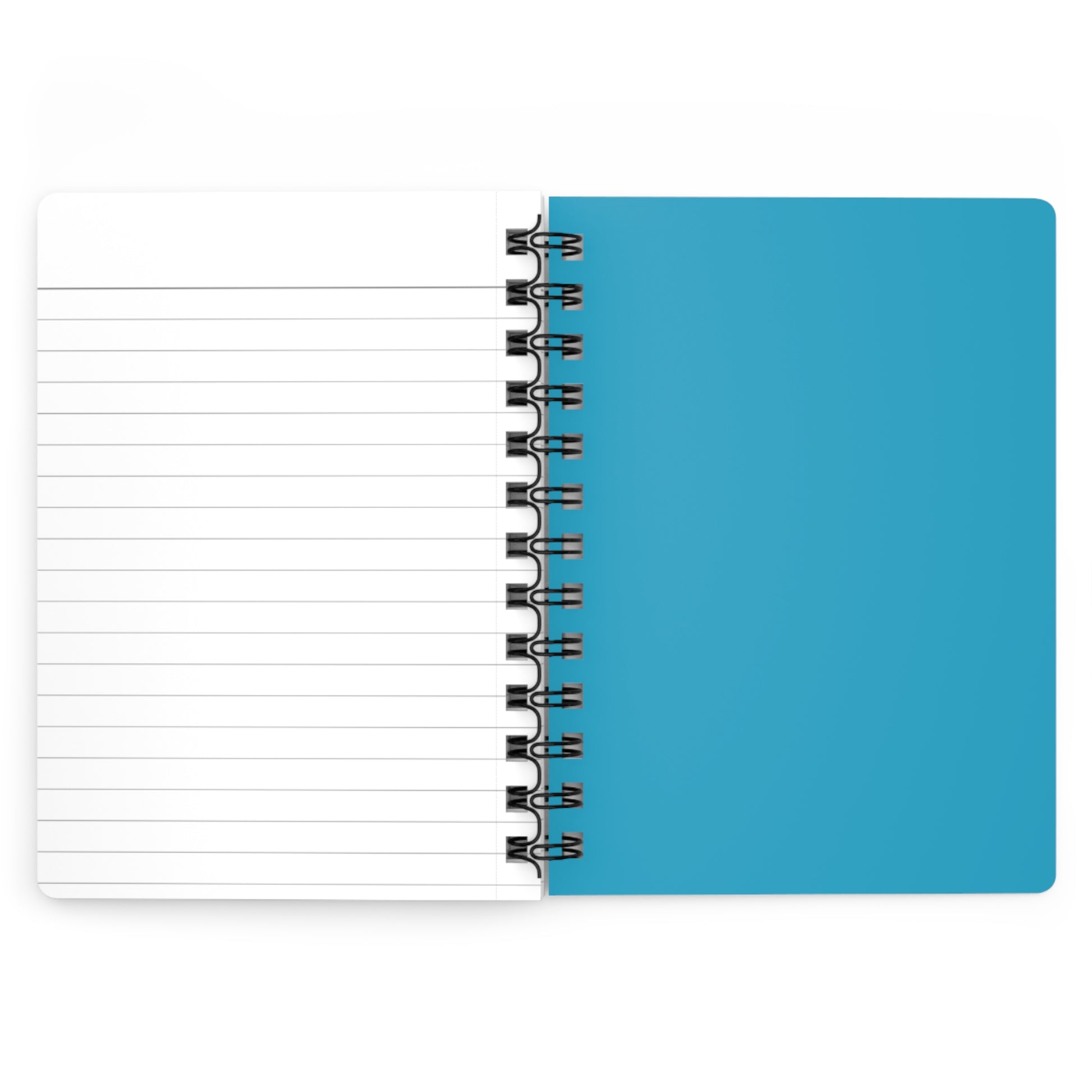 SPIRAL JOURNAL, DURABLE GLOSSY COVER, RULED, 5X7 features a blank college-ruled page alongside a solid blue cover, with a removable spiral binding for easy page management.