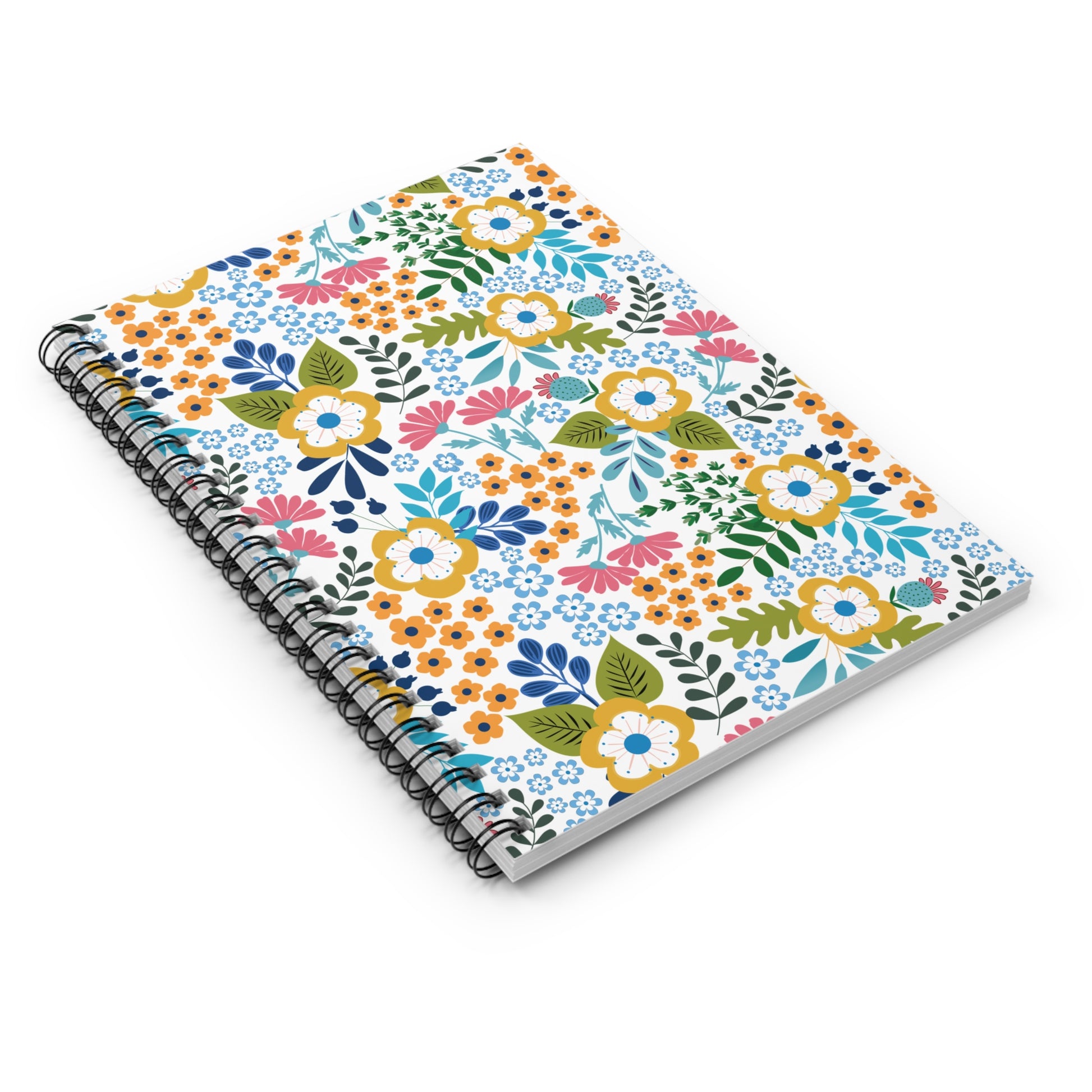Floral Spiral Notebook with a vibrant floral pattern on its white cover, showcasing a sleek metal spiral binding for easy page turning, perfect for bringing joy and creativity to your daily tasks.