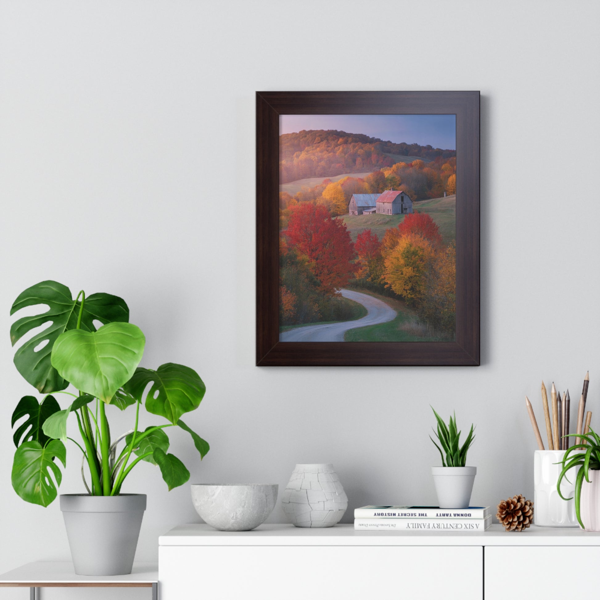 Vertical Poster - Countryside Fall Foliage Photography: a framed poster showcasing vivid autumn trees, ideal for adding warmth and nature to any room. Features museum-grade paper and multiple frame options, perfect for fall decor.