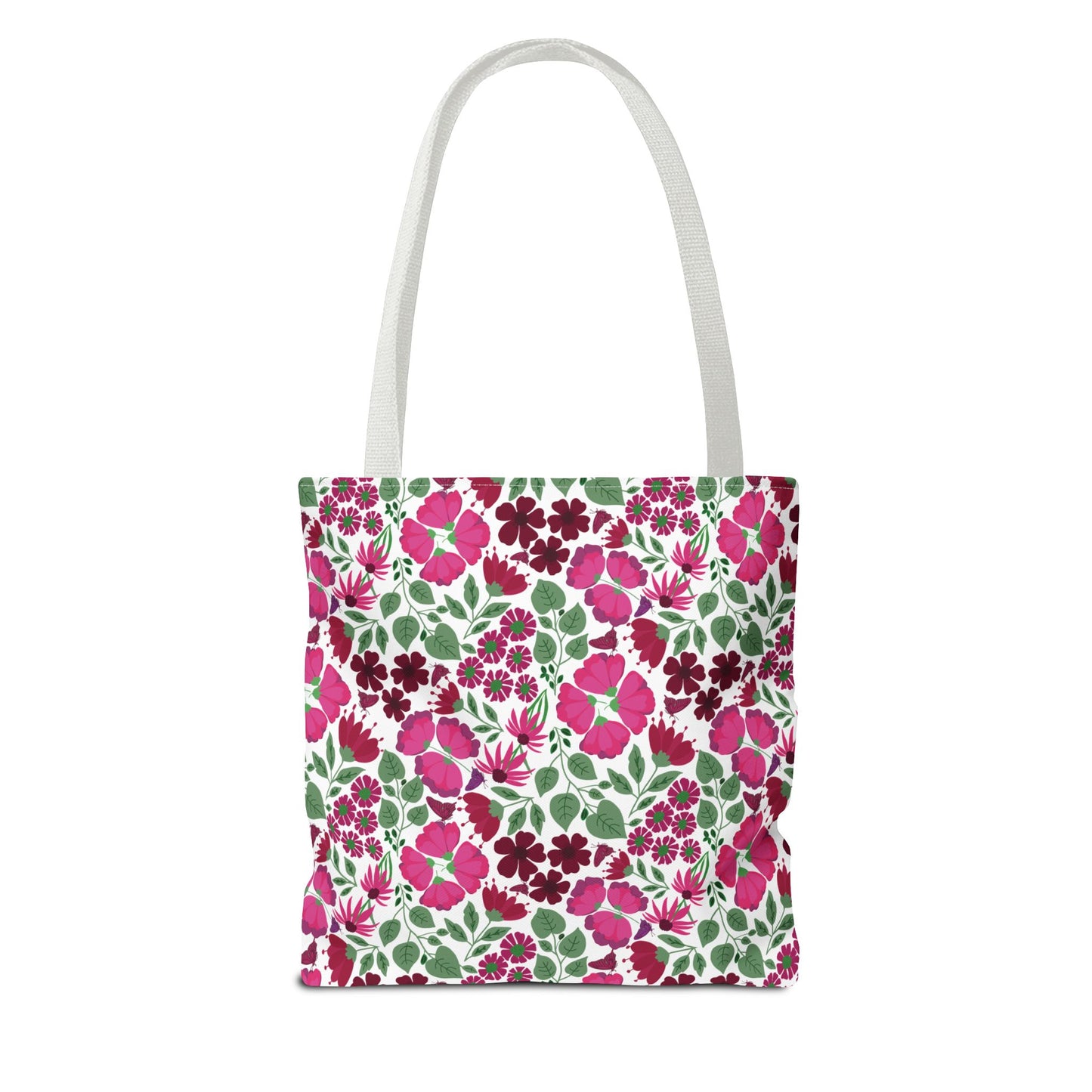 Pink Lady Tote Bag: A vibrant floral-patterned canvas tote with white straps, featuring pink and burgundy blossoms on a white background, perfect for adding a cheerful touch to everyday outings.
